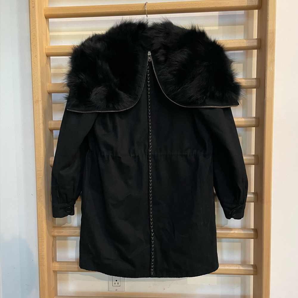 ANTIK BATIK Black Cotton Canvas Rabbit Fur Hooded Parka Metal Trim Paris 38/S